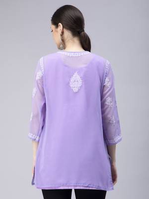 hand embroidered lavender georgette lucknowi chikan kurti 2