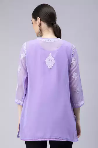 hand embroidered lavender georgette lucknowi chikan kurti