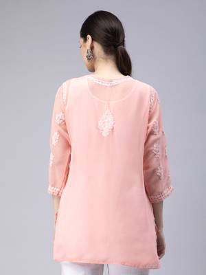 hand embroidered peach georgette lucknowi chikan kurti 2