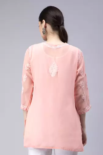 hand embroidered peach georgette lucknowi chikan kurti