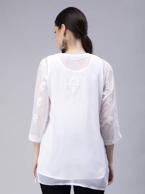 hand embroidered white georgette lucknowi chikan kurti 2