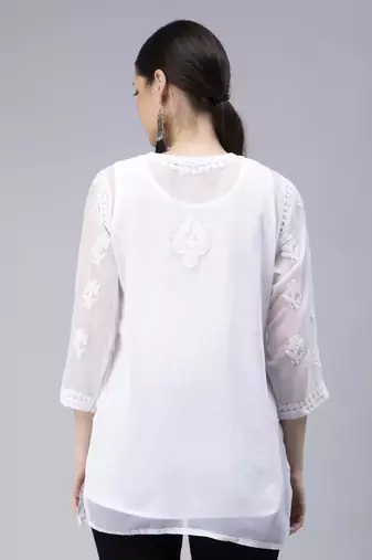 hand embroidered white georgette lucknowi chikan kurti