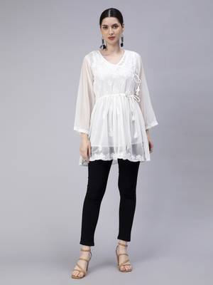 hand embroidered white georgette angarkha with slip 1