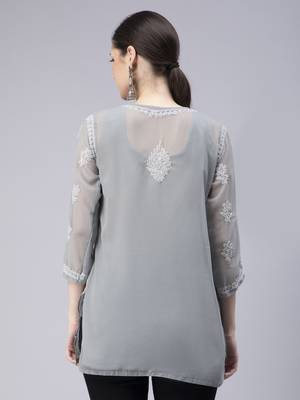hand embroidered grey georgette lucknowi chikan kurti 2