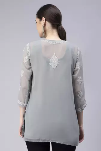 hand embroidered grey georgette lucknowi chikan kurti