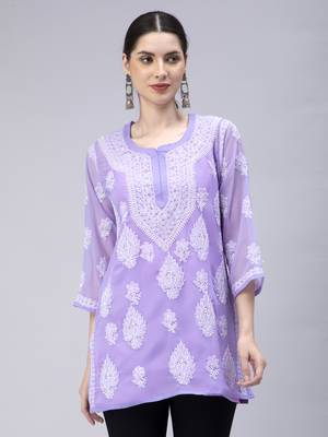 hand embroidered lavender georgette lucknowi chikan kurti 3
