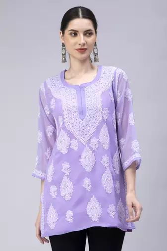 hand embroidered lavender georgette lucknowi chikan kurti