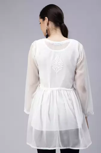 hand embroidered white georgette angarkha with slip