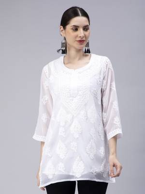 hand embroidered white georgette lucknowi chikan kurti 3