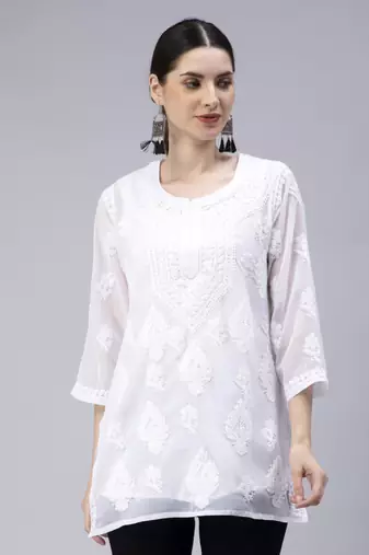 hand embroidered white georgette lucknowi chikan kurti