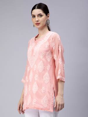 hand embroidered peach georgette lucknowi chikan kurti 3