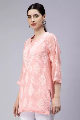 hand embroidered peach georgette lucknowi chikan kurti