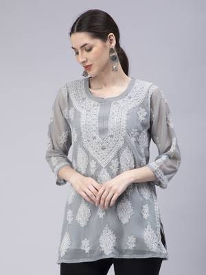 hand embroidered grey georgette lucknowi chikan kurti 3