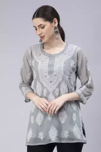 hand embroidered grey georgette lucknowi chikan kurti