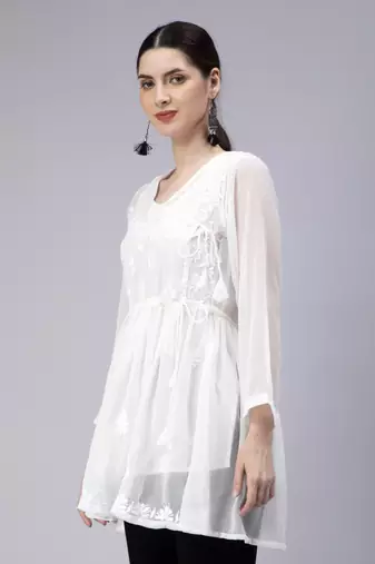 hand embroidered white georgette angarkha with slip