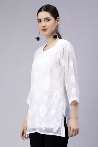 hand embroidered white georgette lucknowi chikan kurti