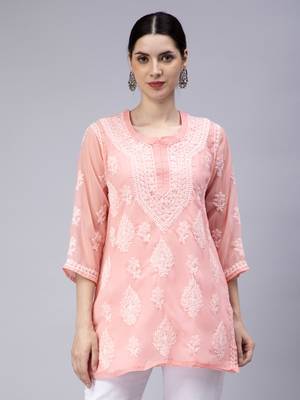 hand embroidered peach georgette lucknowi chikan kurti 4