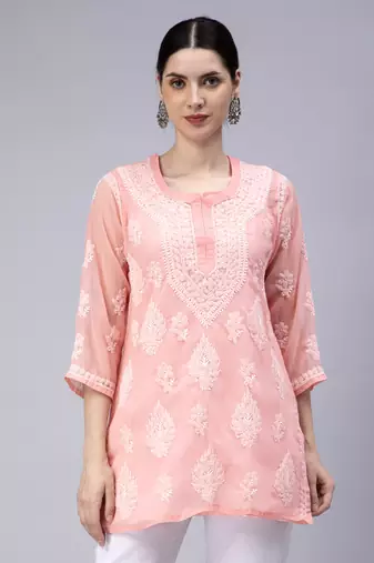 hand embroidered peach georgette lucknowi chikan kurti