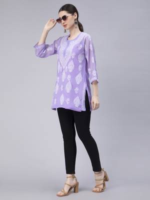 hand embroidered lavender georgette lucknowi chikan kurti 5
