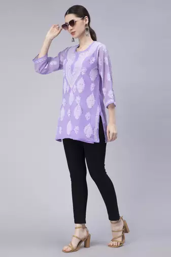 hand embroidered lavender georgette lucknowi chikan kurti