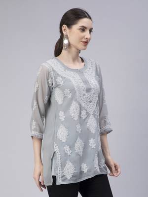 hand embroidered grey georgette lucknowi chikan kurti 4