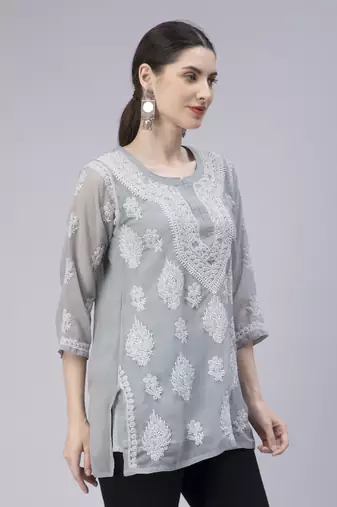 hand embroidered grey georgette lucknowi chikan kurti
