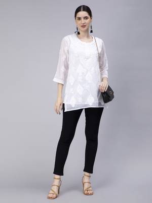 hand embroidered white georgette lucknowi chikan kurti 5