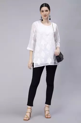 hand embroidered white georgette lucknowi chikan kurti