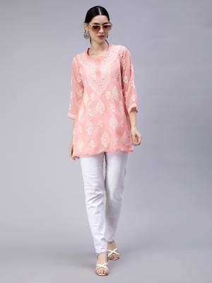 hand embroidered peach georgette lucknowi chikan kurti 5