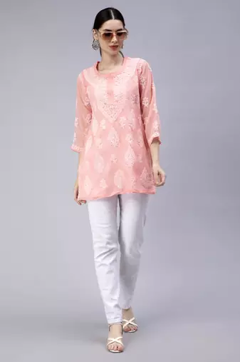 hand embroidered peach georgette lucknowi chikan kurti