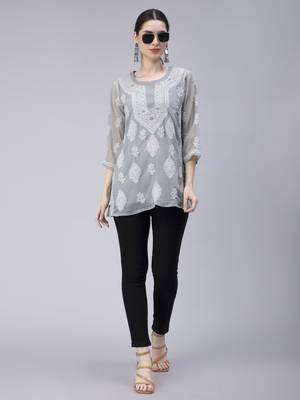 hand embroidered grey georgette lucknowi chikan kurti 5