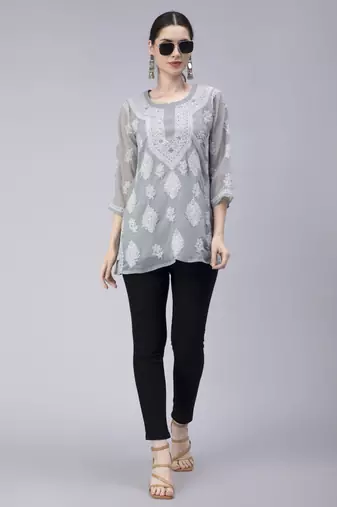 hand embroidered grey georgette lucknowi chikan kurti