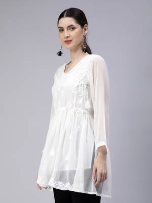 hand embroidered white georgette angarkha with slip 5