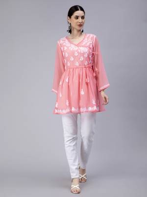 hand embroidered pink georgette angarkha with slip 1