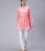 hand embroidered pink georgette angarkha with slip