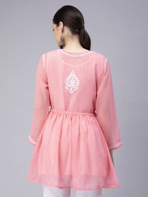 hand embroidered pink georgette angarkha with slip 2