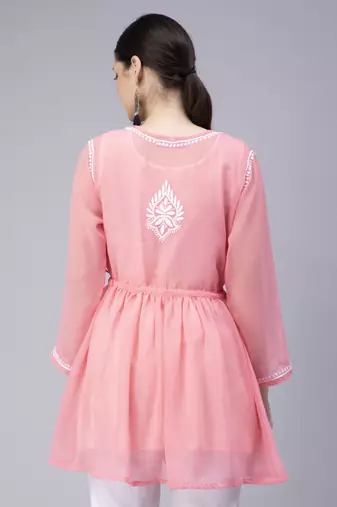 hand embroidered pink georgette angarkha with slip