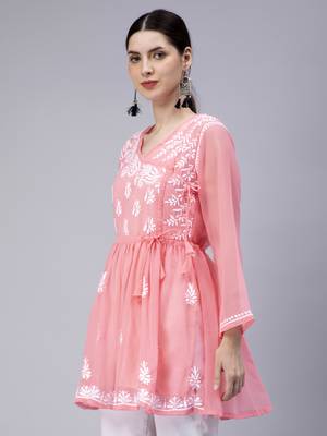 hand embroidered pink georgette angarkha with slip 3