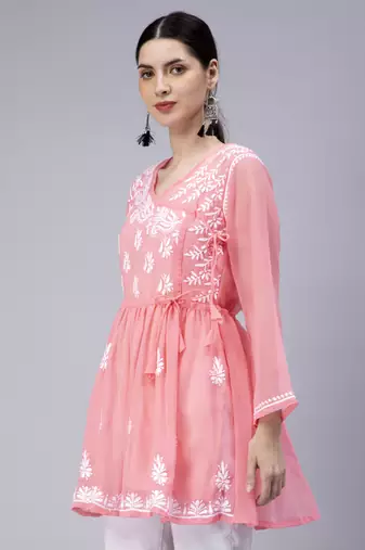 hand embroidered pink georgette angarkha with slip