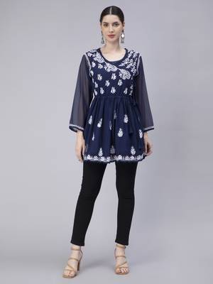 hand embroidered navy blue georgette angarkha with slip 1