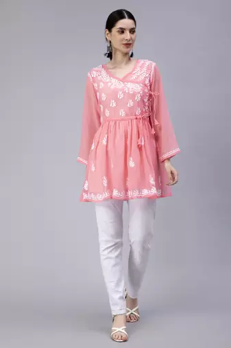 hand embroidered pink georgette angarkha with slip