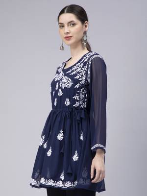 hand embroidered navy blue georgette angarkha with slip 2