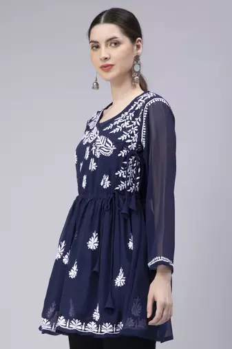 hand embroidered navy blue georgette angarkha with slip