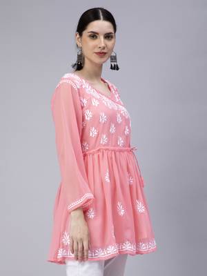 hand embroidered pink georgette angarkha with slip 5