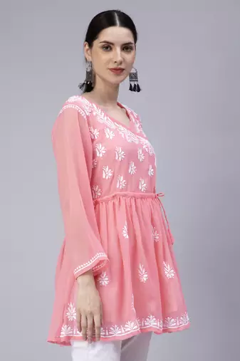 hand embroidered pink georgette angarkha with slip