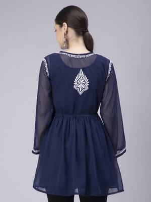 hand embroidered navy blue georgette angarkha with slip 3
