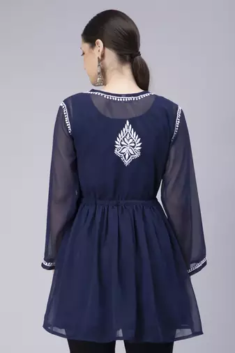 hand embroidered navy blue georgette angarkha with slip