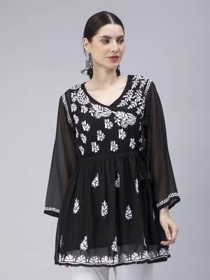 hand embroidered black georgette angarkha with slip 1