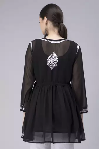 hand embroidered black georgette angarkha with slip