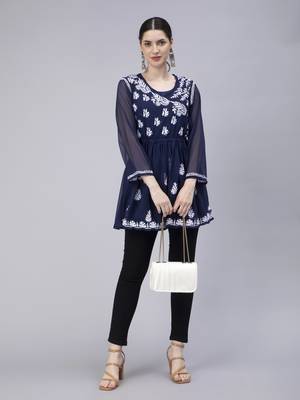 hand embroidered navy blue georgette angarkha with slip 5